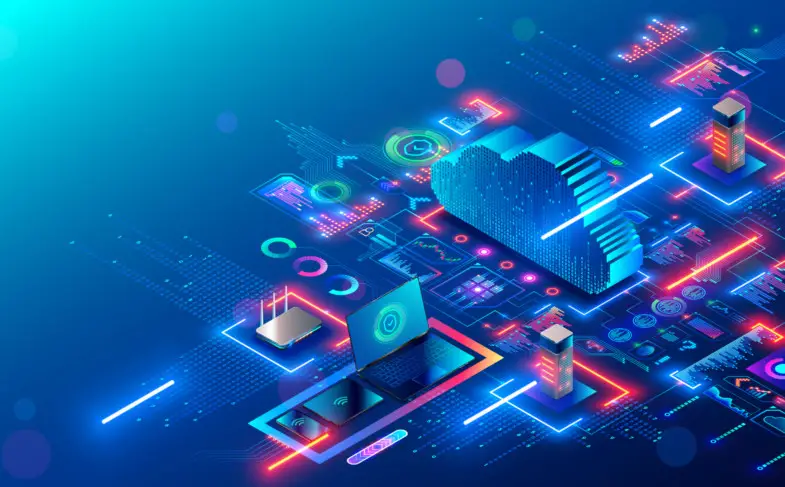 Cloud technology. Cloud computing. Devices connected to digital storage in data center via internet. IOT. Smart home. Communication laptop, tablet, phone and domestic devices with online database.