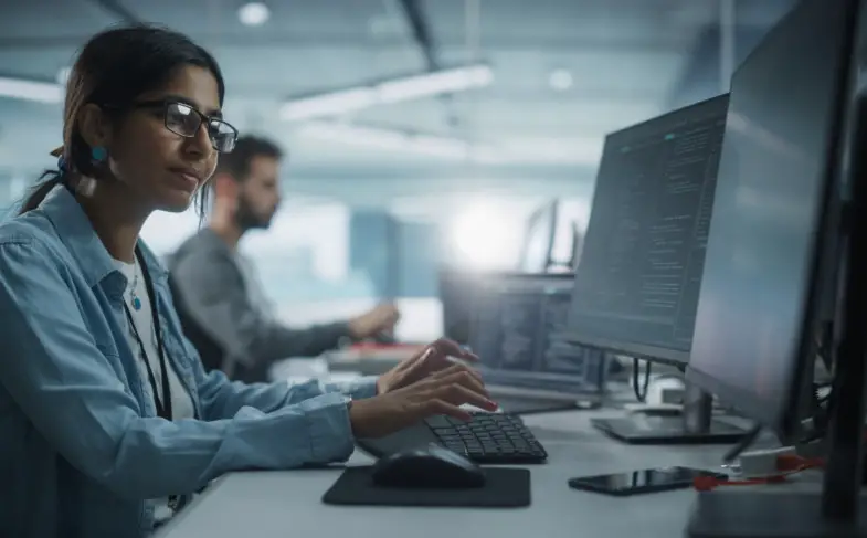 Diverse Office: Indian IT Programmer Working on Desktop Computer