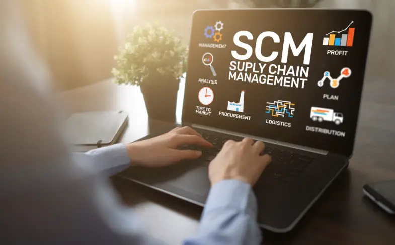 SCM – Supply Chain Management and business strategy concept on the screen.