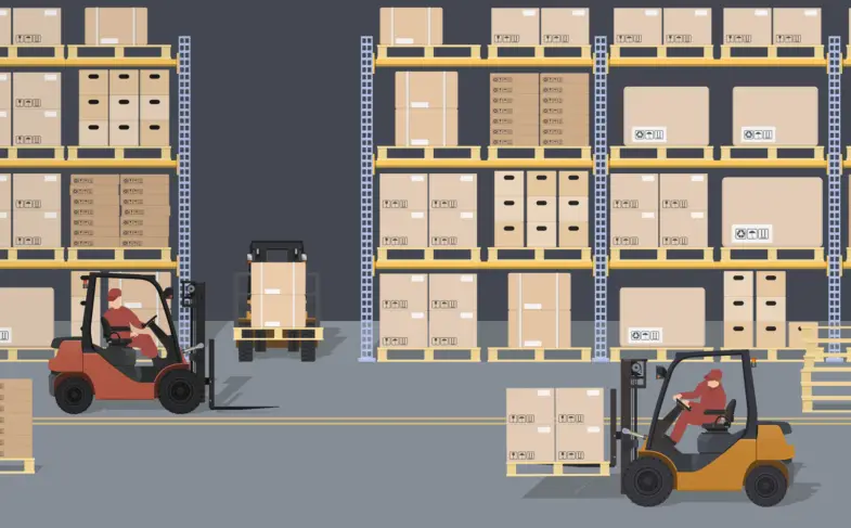 Warehouse scene. Storehouse and forklifts. Racks with boxes and containers. Logistic process. Industrial view