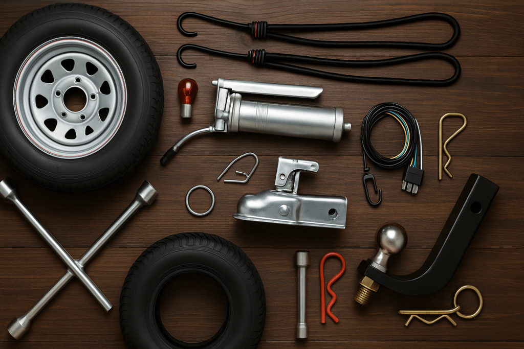 Trailer maintenance tools on wood