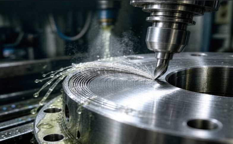 Closeup macro image of a metal chip being produced as a result of cutting operation on a stainless steel flange face in a CNC machining process.