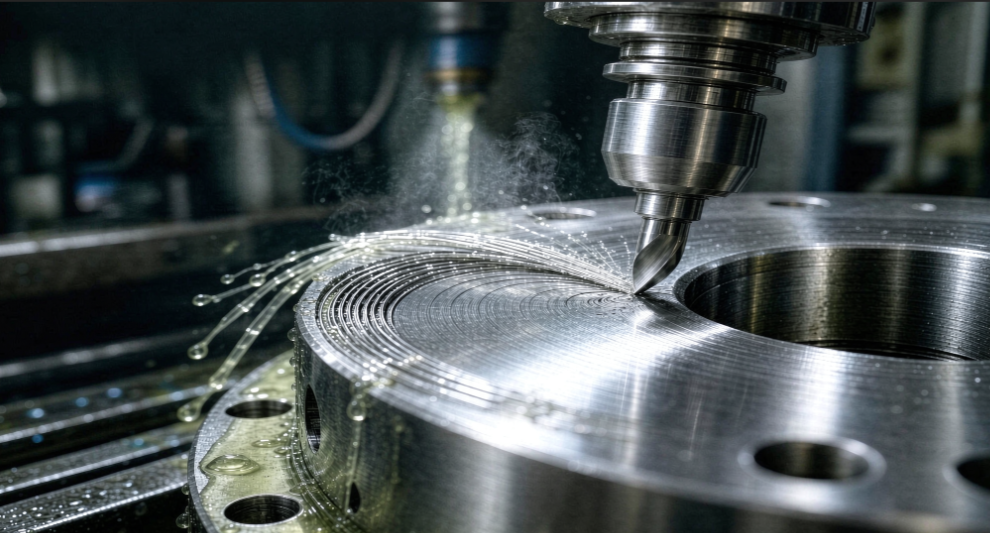 Closeup macro image of a metal chip being produced as a result of cutting operation on a stainless steel flange face in a CNC machining process.
