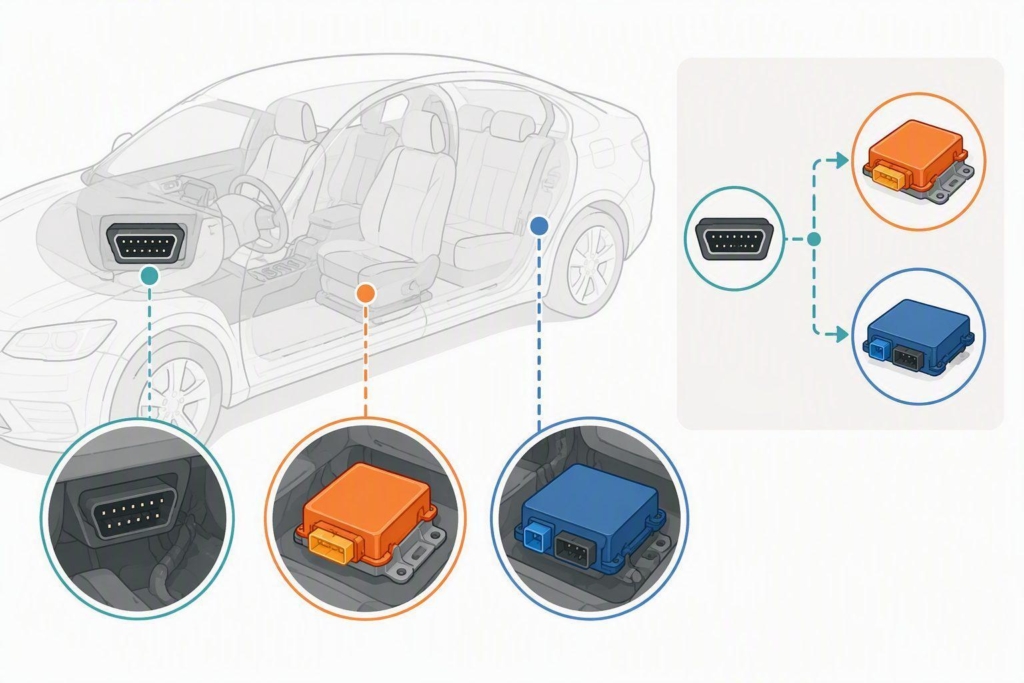 Diagram distinguishing the diagnostic connector from the airbag control module and separate telematics unit